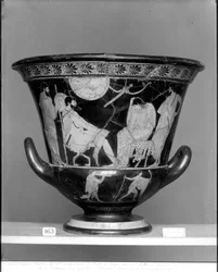 Attic red-figure calyx-krater depicting Ulysses recognizing Achilles disguised as the female Pyrrha